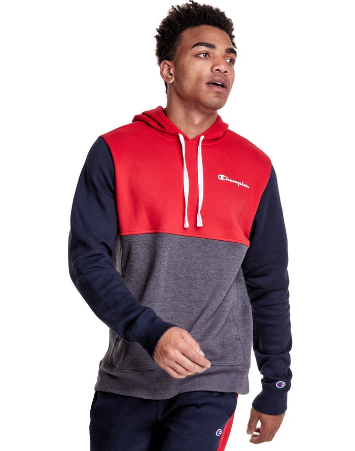 Champion Colorblock Fleece Hoodie Heren - Grijs/Rood - Belgie 6371DFPNW